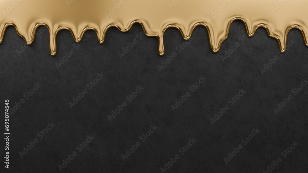 Melted gold flowing down on black concrete background. 3D rendered image. Melted gold flowing down on black concrete background. 3D rendered image.