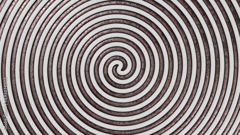 Spiral background with white and brown rusty metal stripes. 3d rendering. Spiral background with white and brown rusty metal stripes. 3d rendering.