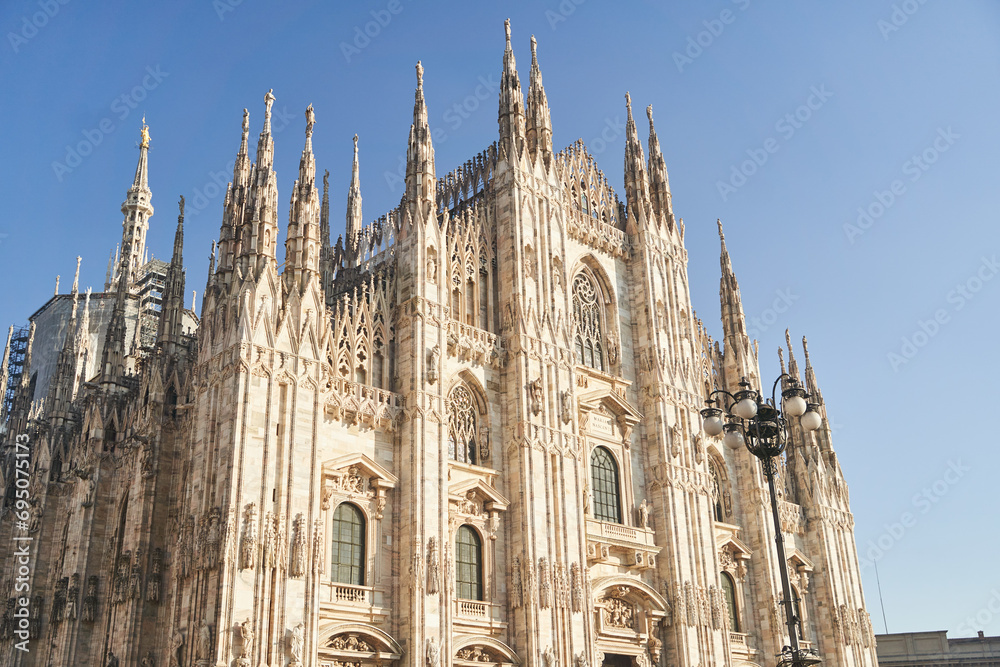 Milan, Italy - February 15, 2023: Milan Cathedral in Piazza Duomo during the day, Milan. Cathedral of the Duomo.