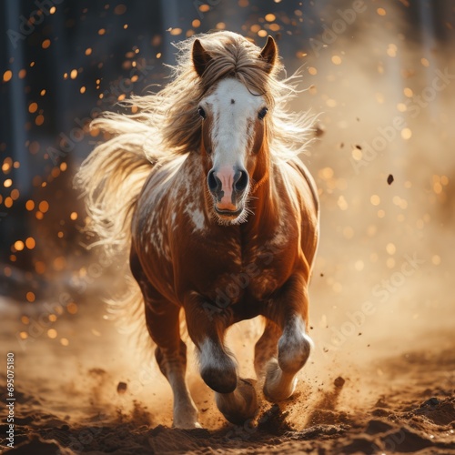 Fiery image of a horse against the backdrop of a blazing fire, Concept: emphasizing strength and steadfastness. The animal gallops, powerful hooves kicking out dirt and dust 