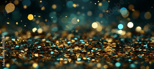 Golden and green bokeh lights backdrop ideal for christmas, parties, holidays, or birthdays