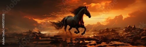 Fiery image of a horse against the backdrop of a blazing fire, Concept: emphasizing strength and steadfastness. The animal gallops, powerful hooves kicking out dirt and dust
 photo