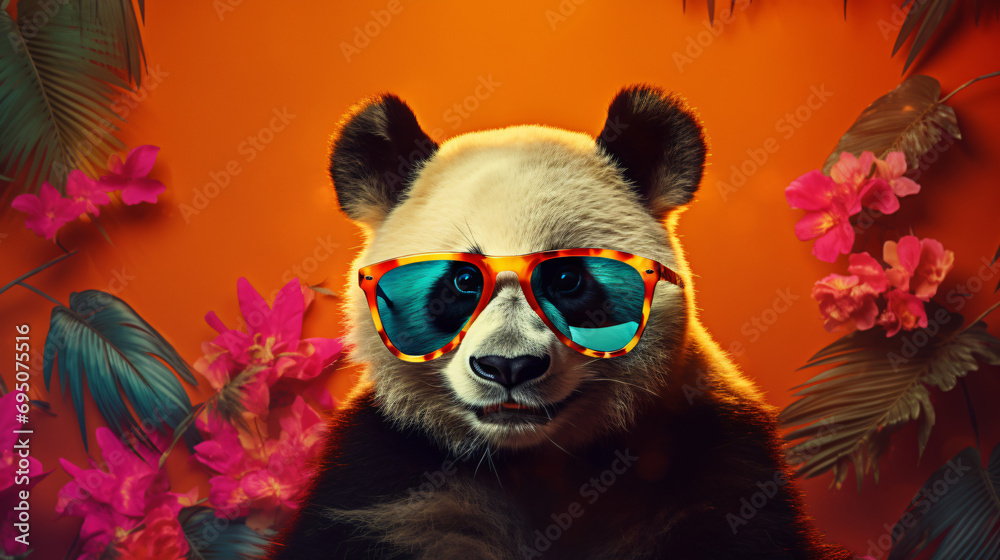 A  panda bear wearing sunglasses with a colorful background