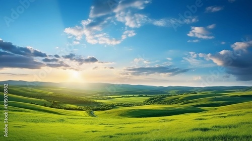 beautiful green meadow at sunrise in summer  colorful morning landscape wide panorama