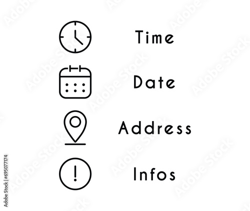 Time, date, location address infos icon set template sign business vector design stock illustration