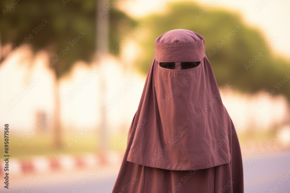 A close-up shot capturing a woman wearing a burqa as she stands on a bustling street, revealing her distinctive clothing in the urban setting
