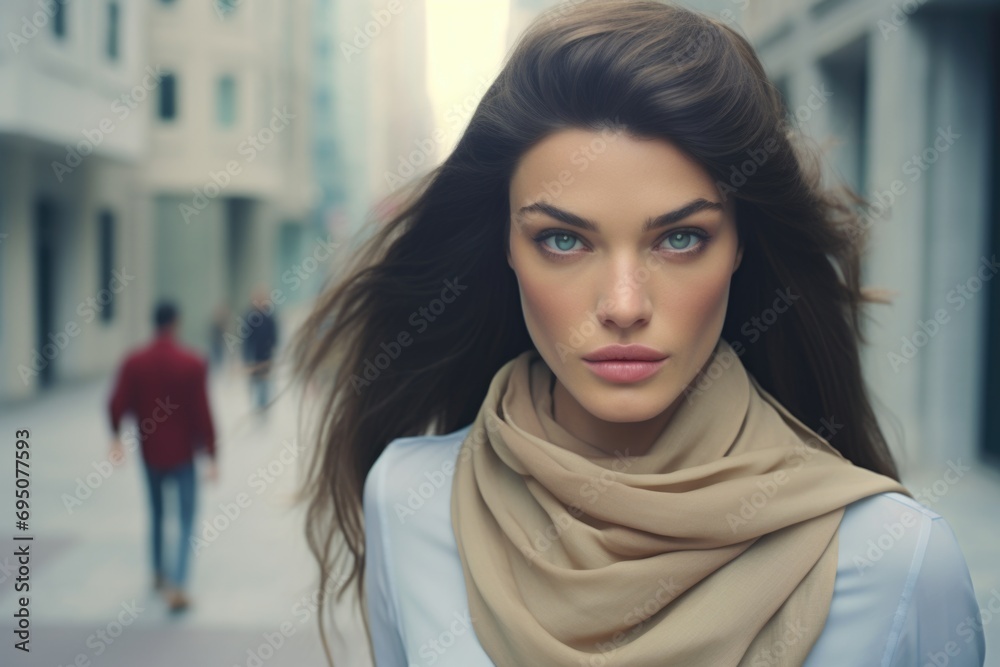 A stunning young woman with flowing hair and a beige scarf stands confidently on a city street. A stunning young woman with flowing hair and a beige scarf stands confidently on a city street.