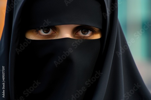 A moment of silent eloquence in the eyes of a veiled woman, framed by darkness.