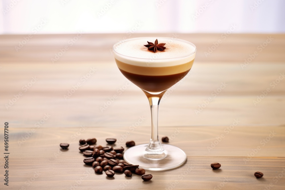 A glass with a coffee-infused cocktail resting on a light coffee-colored background, setting the mood for sophistication - obrazy, fototapety, plakaty 