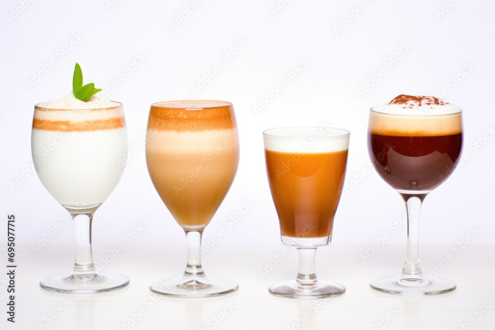 A range of coffee-infused beverages adorned with creamy elegance, inviting you to relish their aromatic richness A range of coffee-infused beverages adorned with creamy elegance, inviting you to relish their aromatic richness