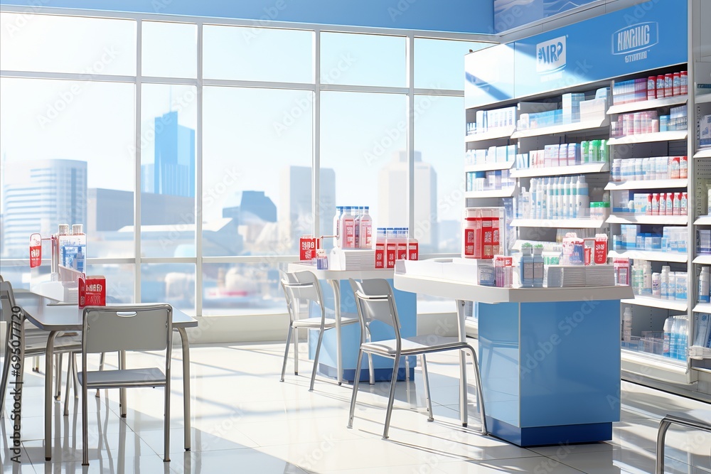 Modern pharmacy interior with sleek furniture and organized medication displays for advertising