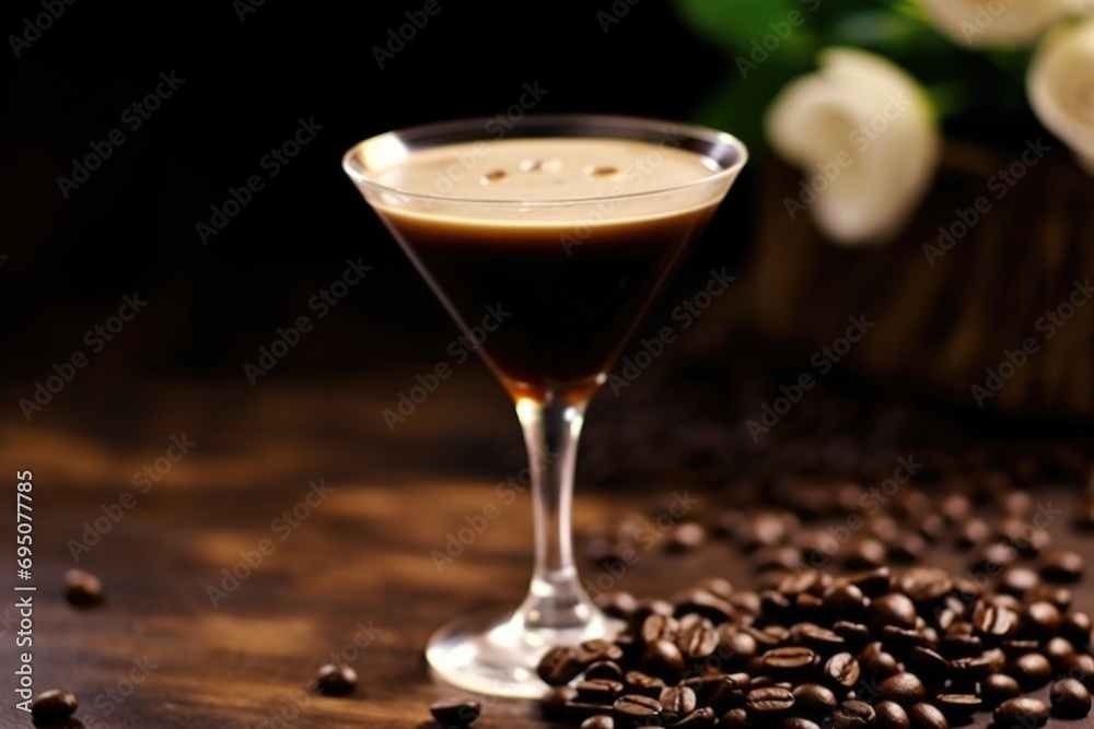 An alluring glass with a coffee-infused cocktail, elegantly resting on a dark, plush surface, epitomizing refined enjoyment An alluring glass with a coffee-infused cocktail, elegantly resting on a dark, plush surface, epitomizing refined enjoyment
