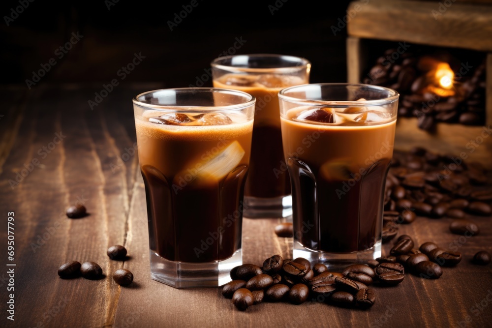 A captivating coffee-based beverage in a glass, placed on a rich, dark surface, promising moments of sheer pleasure