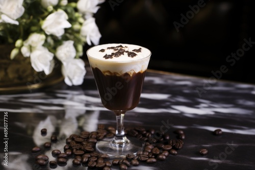 A glass of coffee-infused pleasure on a deep, velvety background, inviting you to escape momentarily into luxurious indulgence