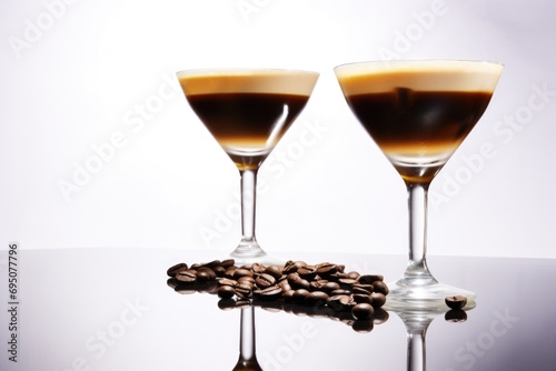 A tempting coffee-infused beverage in a glass, placed on a light coffee-hued surface, promising moments of pure delight
