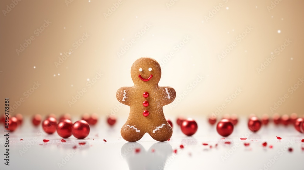  a gingerbread man standing in front of a group of red heart - shaped candies on a white surface.