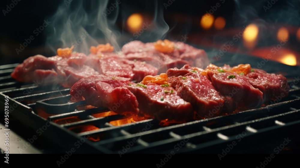 a close up of meat on a grill with a lot of smoke coming out of the top of the grill. a close up of meat on a grill with a lot of smoke coming out of the top of the grill.