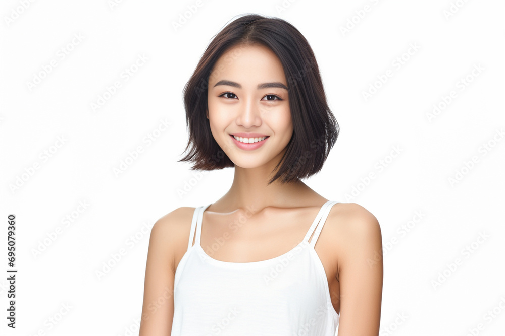 liveliness as a woman in a camisole stands and smiles against a vibrant white background, exuding a lively and stylish demeanor. Generative AI. liveliness as a woman in a camisole stands and smiles against a vibrant white background, exuding a lively and stylish demeanor. Generative AI.