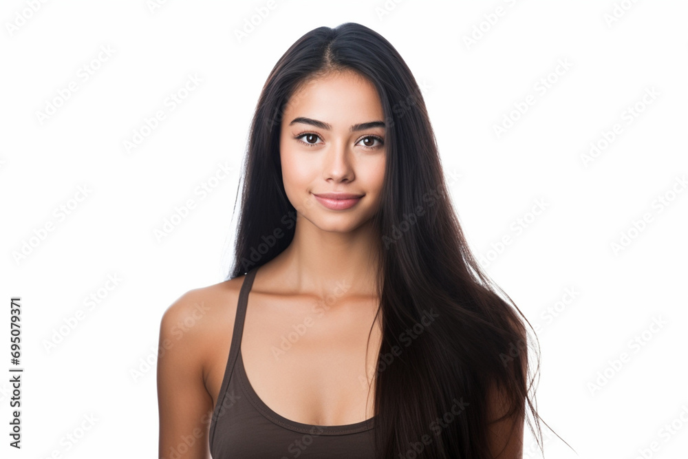 liveliness as a woman in a camisole stands and smiles against a vibrant white background, exuding a lively and stylish demeanor. Generative AI. liveliness as a woman in a camisole stands and smiles against a vibrant white background, exuding a lively and stylish demeanor. Generative AI.