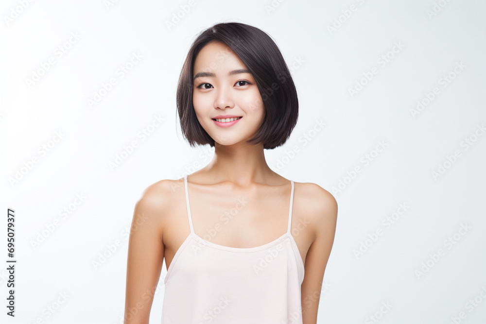 liveliness as a woman in a camisole stands and smiles against a vibrant white background, exuding a lively and stylish demeanor. Generative AI. liveliness as a woman in a camisole stands and smiles against a vibrant white background, exuding a lively and stylish demeanor. Generative AI.