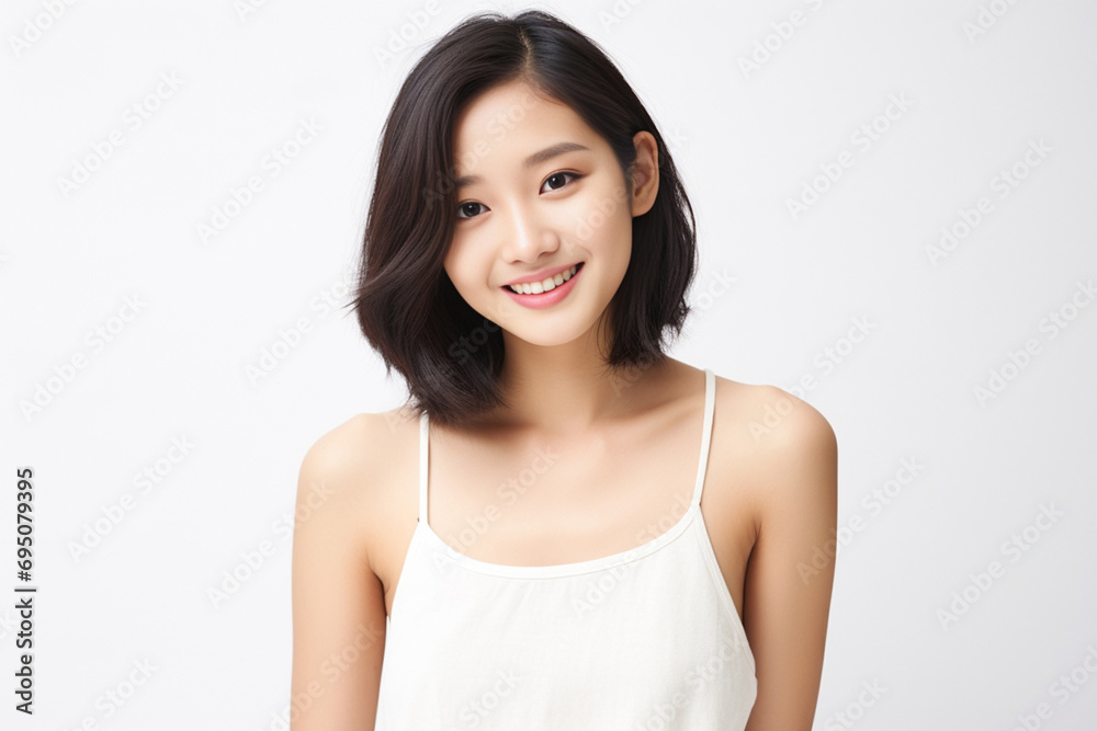 liveliness as a woman in a camisole stands and smiles against a vibrant white background, exuding a lively and stylish demeanor. Generative AI. liveliness as a woman in a camisole stands and smiles against a vibrant white background, exuding a lively and stylish demeanor. Generative AI.