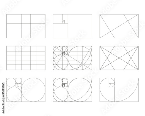 Golden ratio templates set. Fibonacci array, numbers. Harmony proportions. Method golden section. Outline vector illustration.