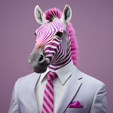 portrait of a businessman with a zebra,purple,fun