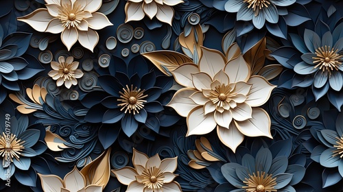 Seamless pattern of a 3D illustration featuring navy blue and gold paper quilling lotus floral, a paper filigree floral seamless pattern.
