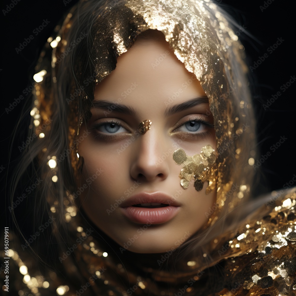 Enchanting Aura: Closed-Eyes Girl in Glittering Gold