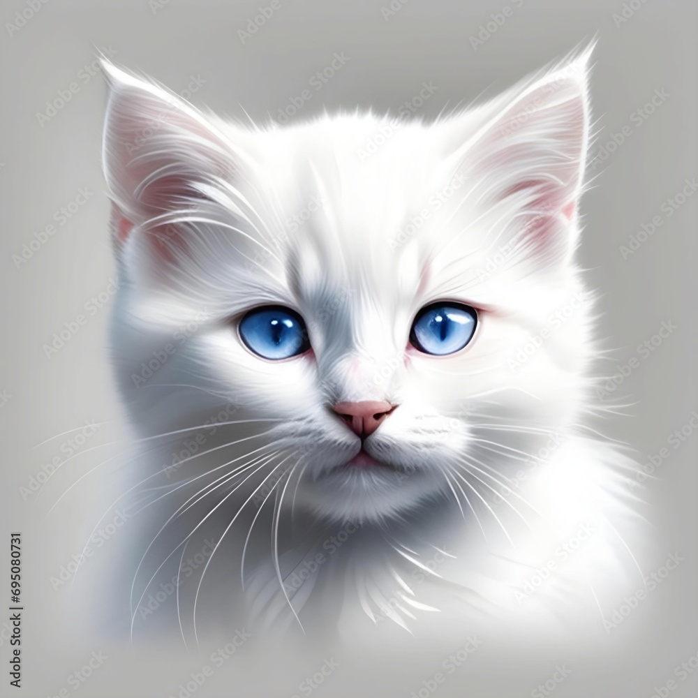 Generative AI with an illustration of a blue-eyed kitten with thick white fur.