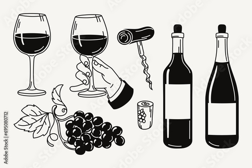 Wine culture illustrations in hand drawn line art style. Hand holding a glass of wine, bottles, wooden corkscrew, bunch of grapes. Design elements for product label, menu, print, poster, etc.