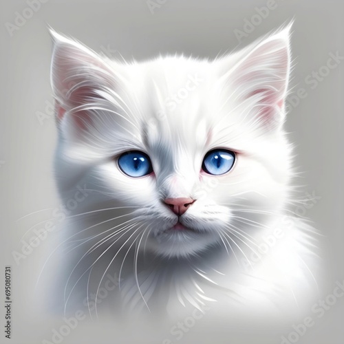 Generative AI with an illustration of a blue-eyed kitten with thick white fur.