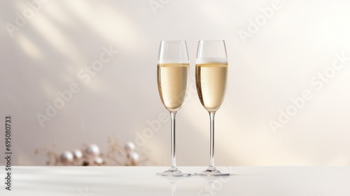  two glasses of champagne sitting next to each other on top of a table with a white wall in the background.