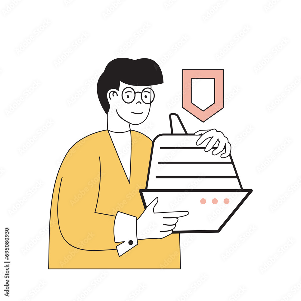 Insurance service concept with cartoon people in flat design for web. Man uses travel accident insurance for safe cruise ship journey. Vector illustration for social media banner, marketing material.