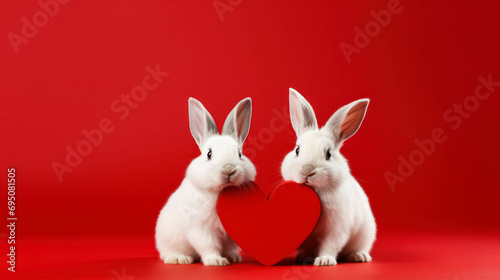 Funny Animal Valentines Day, Cute Bunnies Couple Holding a Red Heart, Love, Wedding Celebration Concept Greeting Card, Red background, Copyspace