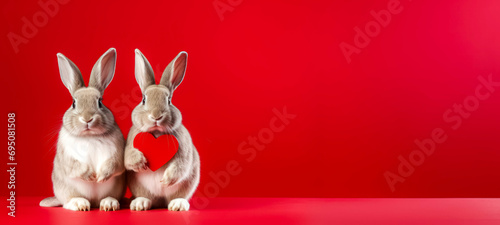 Funny Animal Valentines Day, Cute Bunnies Couple Holding a Red Heart, Love, Wedding Celebration Concept Greeting Card, Red background, Copyspace © Immersive Dimension