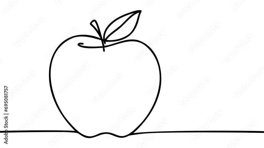 Apple continuous line drawing, Black and white vector minimalistic linear illustration made of one line