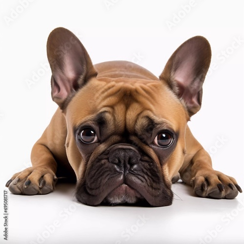 French bulldog dog exhausted or tired, watching and looking at you like a control freak, isolated on white background, AI generator