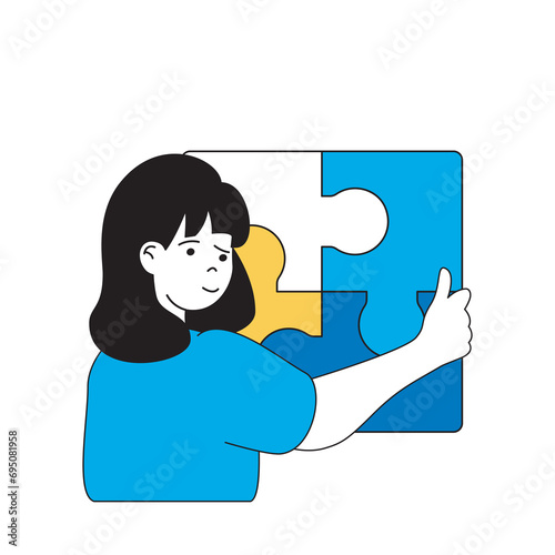 Business concept with cartoon people in flat design for web. Woman developing company, solving puzzle, looking for new opportunities. Vector illustration for social media banner, marketing material.