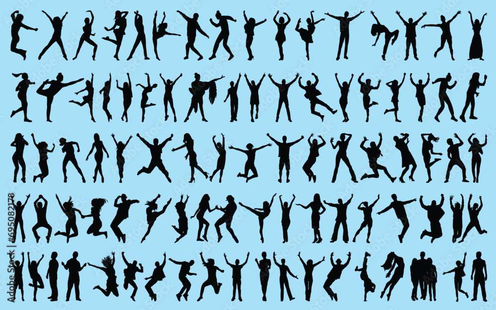 set of People Enjoying or Jumping Silhouettes Vector illustration
