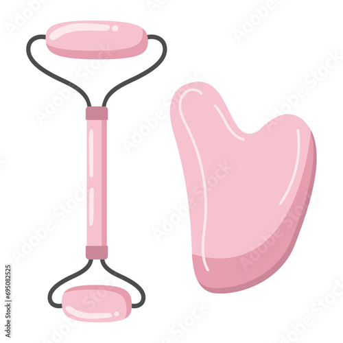 Vector illustration of beauty tools: roller, Guasha scraper. Cosmetic tools for facial care. Isolated flat illustration