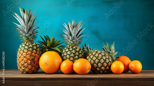 A row of pineapples and oranges sitting next to each other 
