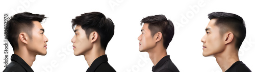 Set of Barber Shop Scenes: Side View of Elegant Korean Man, Isolated on Transparent Background, PNG