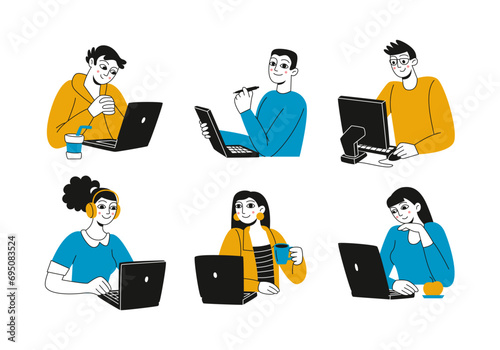 Set of people with laptops. Men and women are studying, holding online meetings. Online education. Vector linear illustration