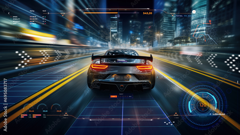 street racing AAA videogame gameplay with information datum design for console or web 3.0 playing to earn gaming crypto tokens and cryptocurrency project future as wide banner UI - obrazy, fototapety, plakaty 