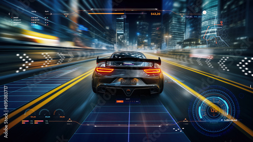 street racing AAA videogame gameplay with information datum design for console or web 3.0 playing to earn gaming crypto tokens and cryptocurrency project future as wide banner UI photo