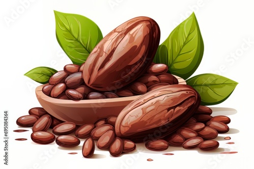 Various cocoa pods, cocoa beans and leaves isolate on a white background