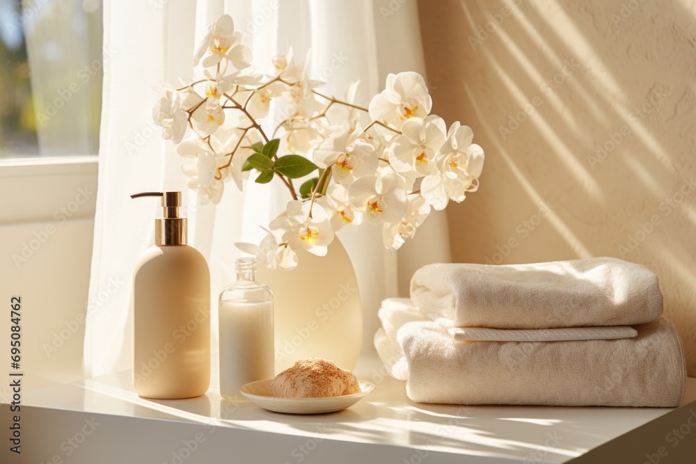 a bathroom with towels, soap, and a white vase