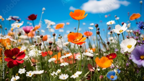 Meadow with varied, colorful wild flowers in the meadow. Summer, spring background.