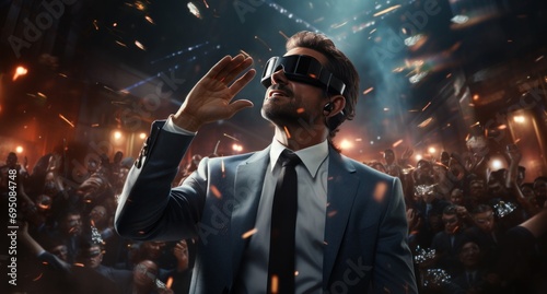 a businessman is using a vr headset in front of an audience photo